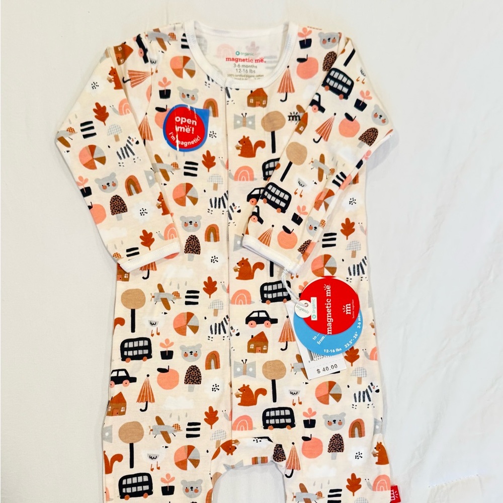 Magnetic Me Cream Footed One-Piece with Orange, Pink & Black Woodland Print